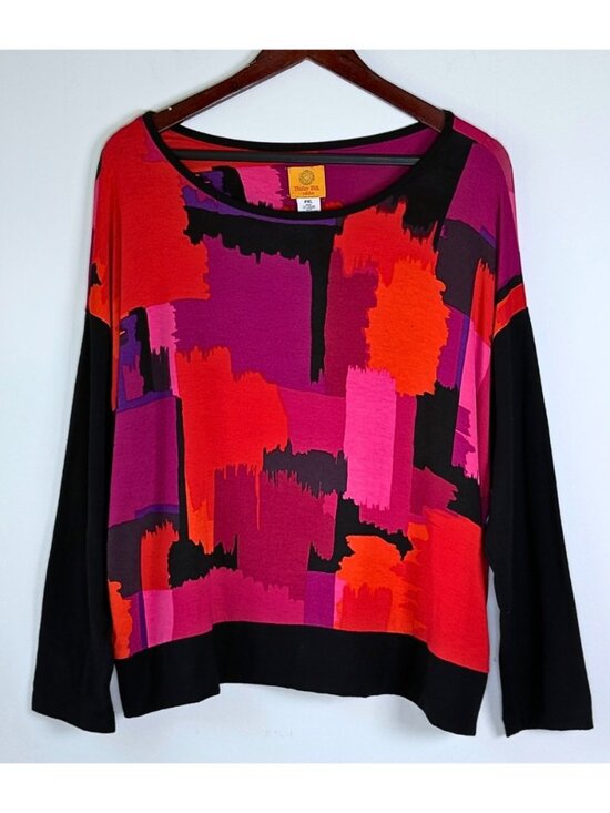 Ruby Rd. Tops - Ruby Rd Abstract Brushstroke Print Top Petite XL Hot Pink Red Black Art Teacher